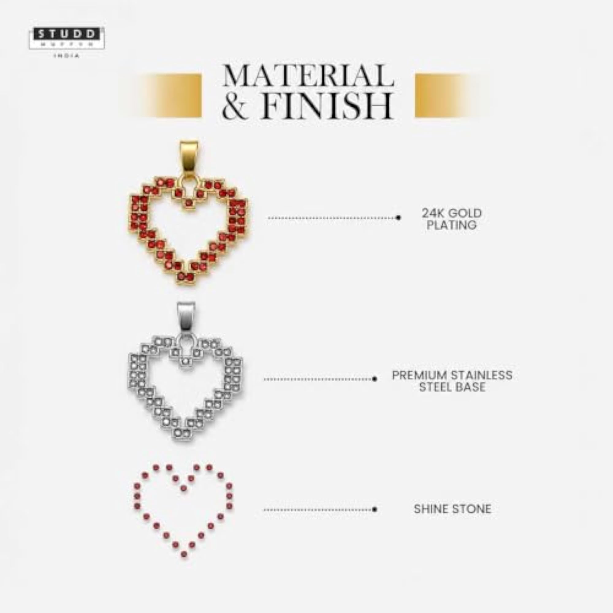 Red Heart Pixel Pendant, 24K Gold Tone Plated Charm